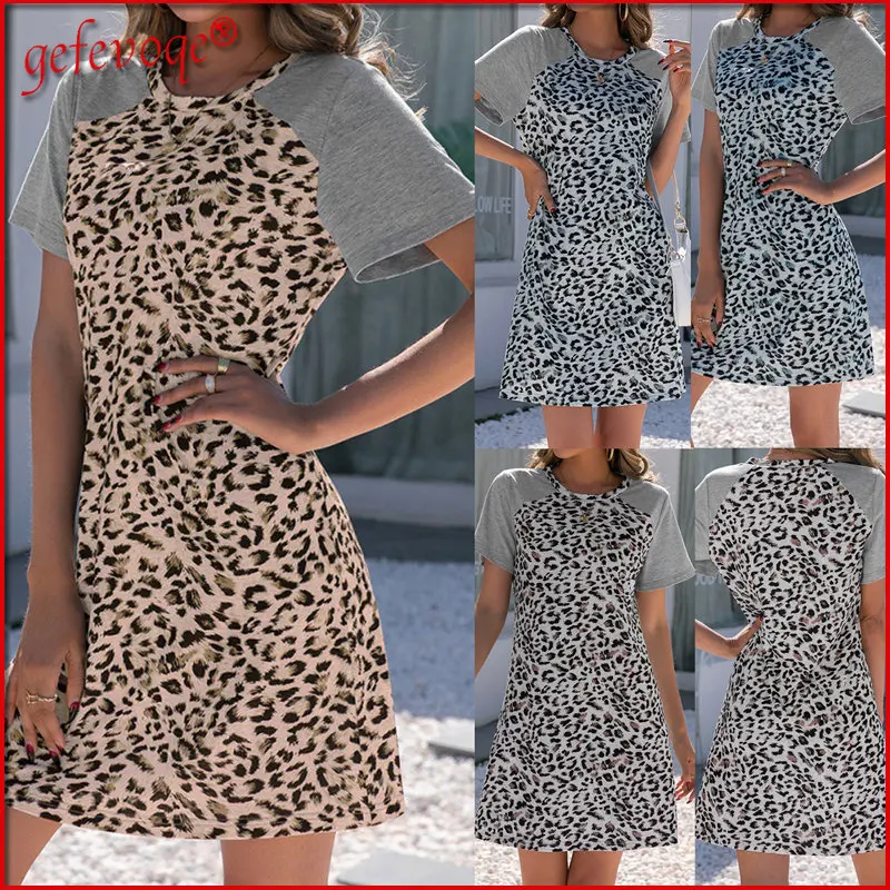 

Leopard Print Patchwork O Neck Short Sleeve T Shirt Beach Dresses for Women Casual Loose Mini Dress 2022 Summer Female Clothing