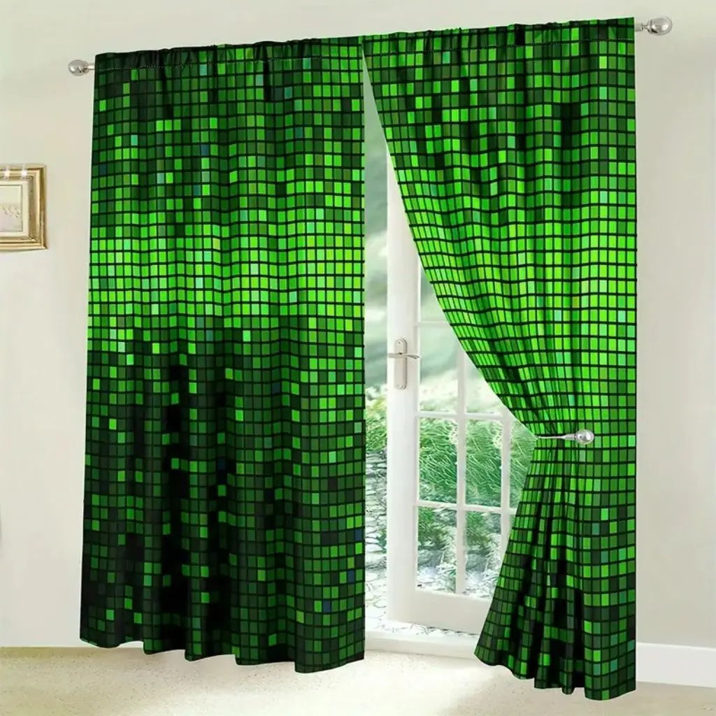 2pcs Set Vibrant Green Geometric Curtains for Living Room Bedroom Abstract Pixel Mosaic Design Lightweight Polyester Drapes