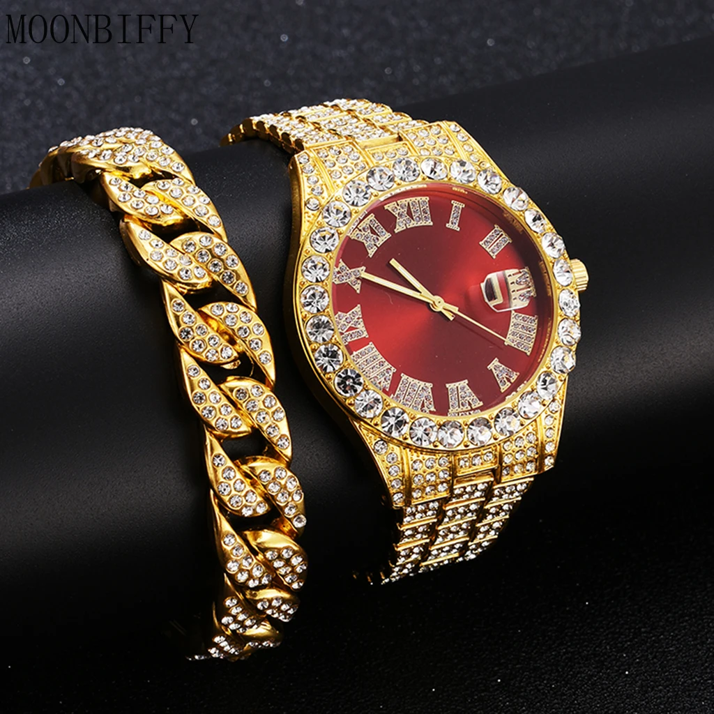 

2 Pcs Watch Bracelet Hip Hop Stainless Steel Gold Color Calendar Watch for Men Iced Out Paved Rhinestones Men Watch Reloj Hombre