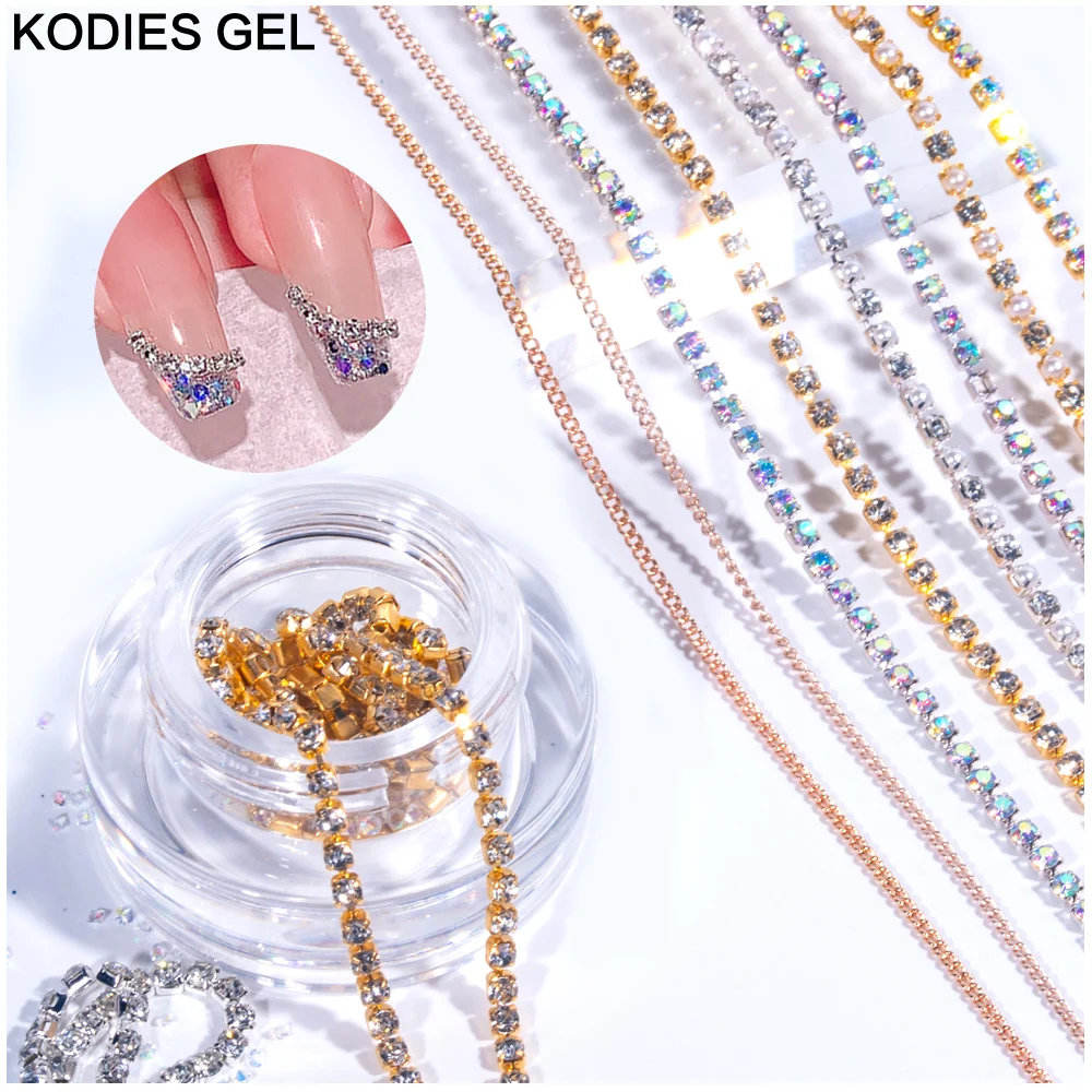 

KODIES GEL 1 Jar Nail Charms Chain Rhonestones Mixed AB Color Gold Silver White Stone Pearl Ball 3D Nail Accessories Decorations