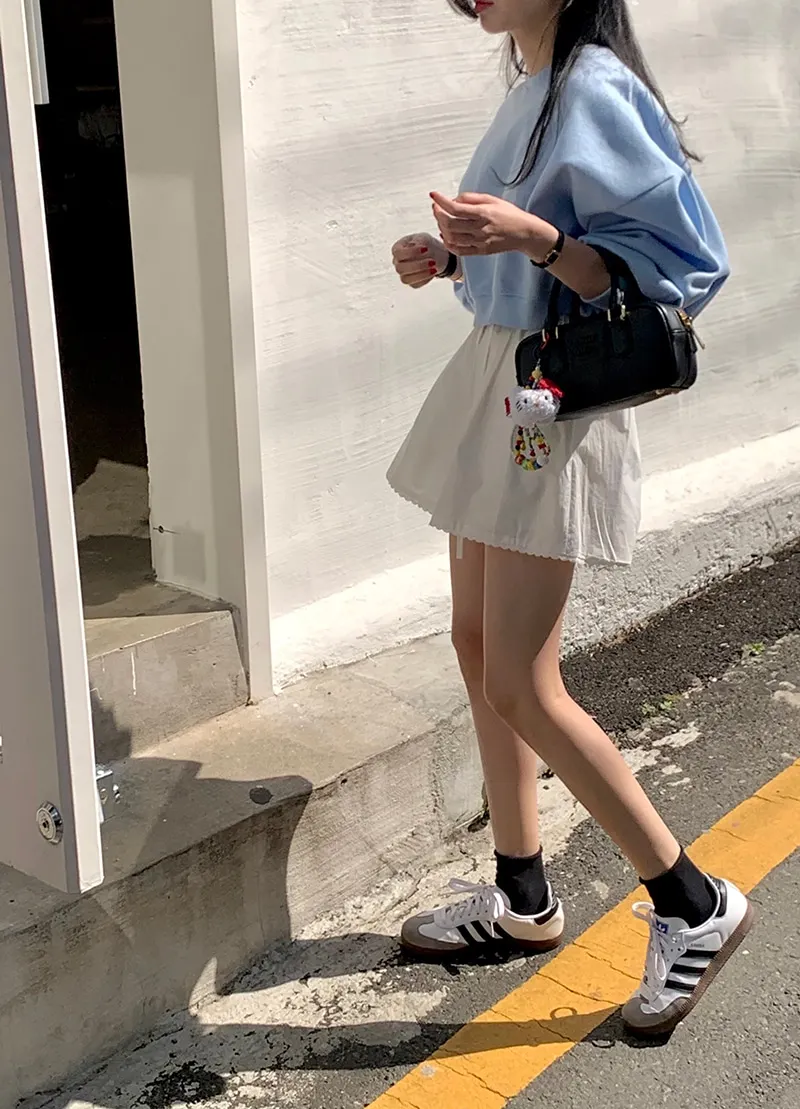 Летние шорты Korobov из Южной Кореи винтажные со шнуровкой и высокой талией широкими