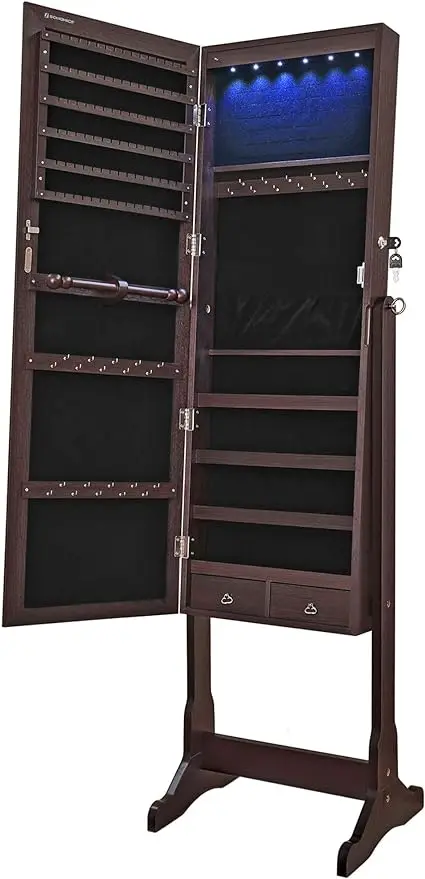 

SONGMICS Mirror Jewelry Cabinet with 6 LED Lights, Lockable Standing Mirrored Armoire Organizer, 2 Drawers, Brown UJJC94K
