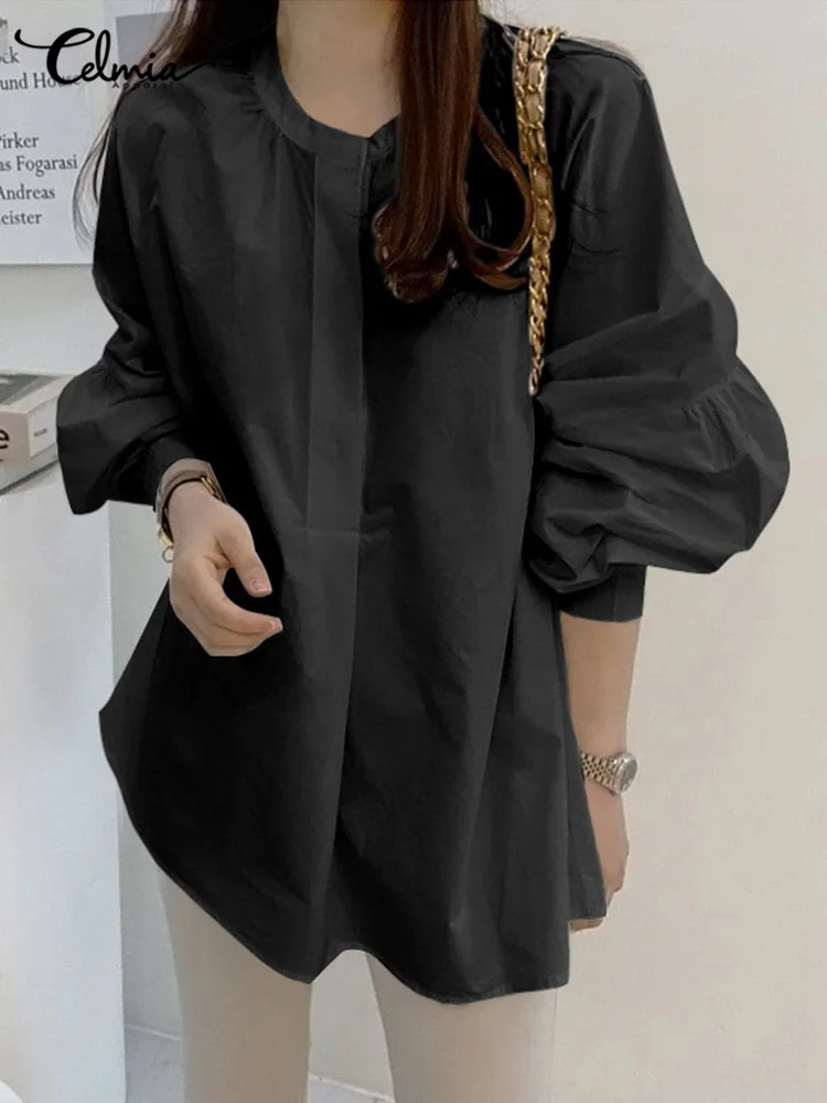 

Fashion O Neck Shirt Celmia Women OL Solid Tops 2022 Summer Long Lantern Sleeve Blouse Korean Style All-match Tunics Oversized