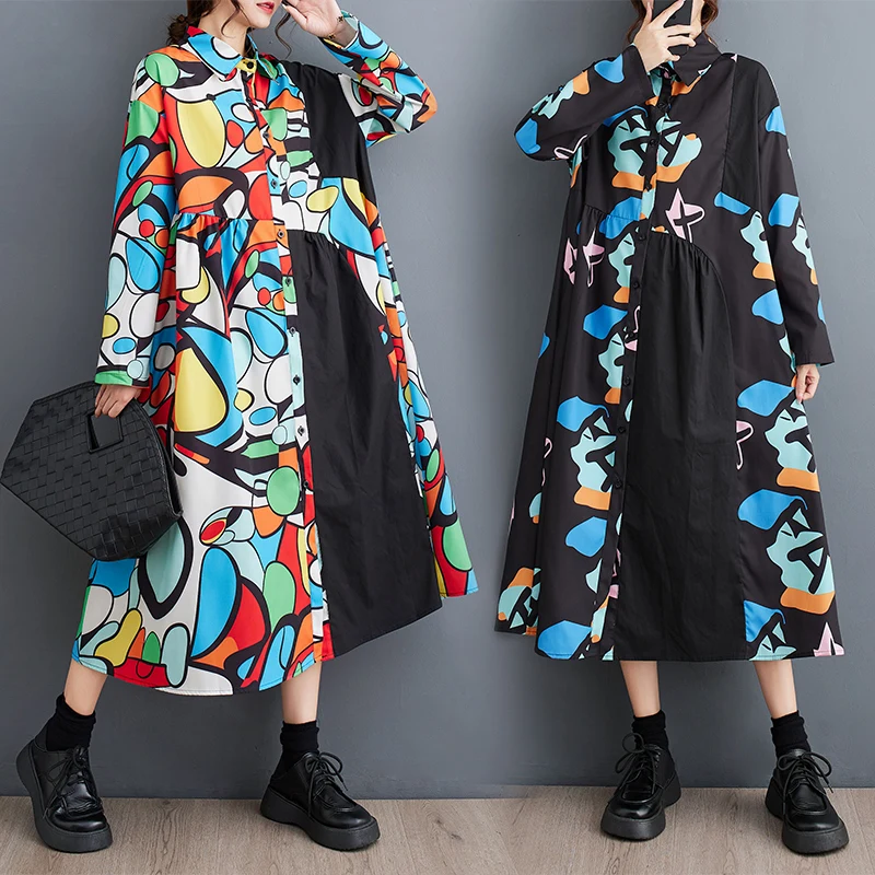 

Женское винтажное длинное платье-рубашка, свободное ТРАПЕЦИЕВИДНОЕ платье миди с длинным рукавом, пуговицами спереди и принтом, весна-осень #4033