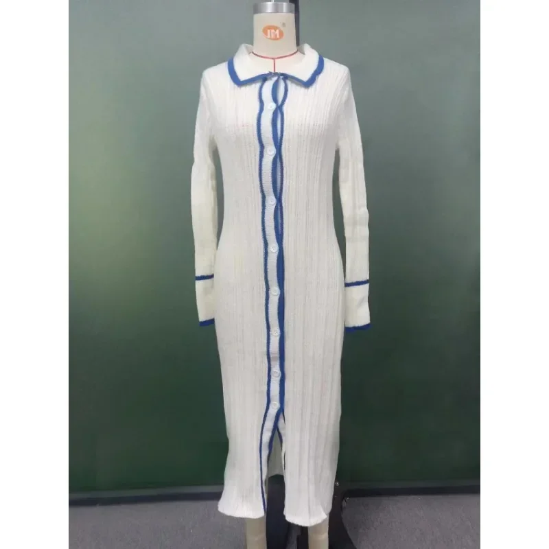 Женское трикотажное платье-кардиган с отложным воротником и длинным рукавом