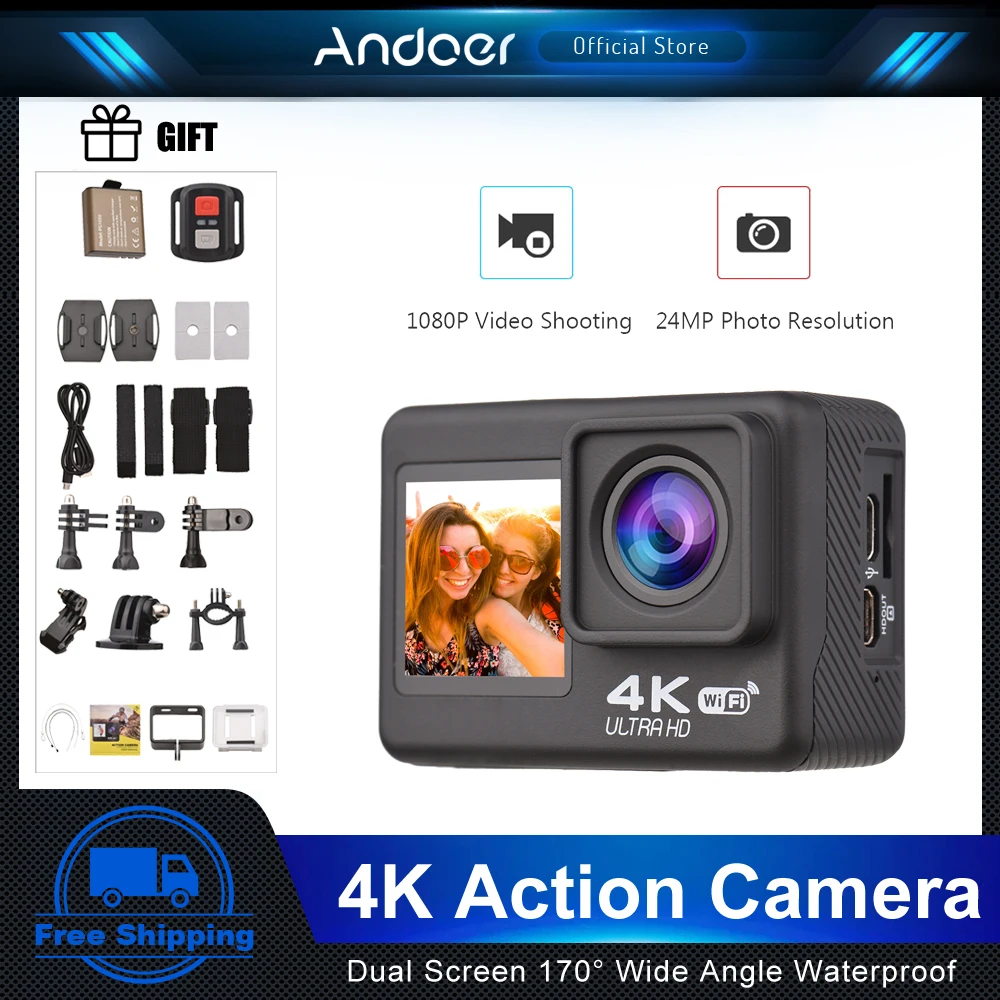 

Экшн-камера Andoer, 4K, 60 кадров/с, два экрана, водонепроницаемая, с дистанционным управлением