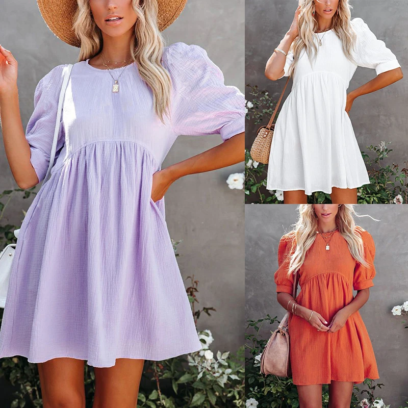 

Kayotuas Women Dress Summer Puff Short Sleeve High Waist Pleated Button Down Female Boho Beachdress Ladies Sundress