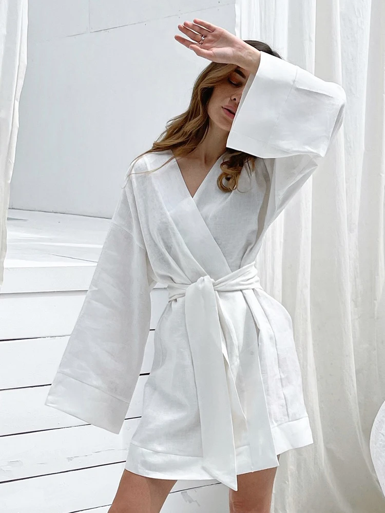 

Hiloc White Cotton Night Dress Women Sleepwear Kimono Robe With Sash Long Sleeve Albornoces Women's Dressing Gown Bathrobes 2022