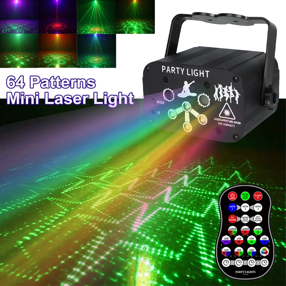 

Mini Laser Projector DJ Disco USB Rechargeable 64 Patterns LED UV Sound Strobe Stage Effect Wedding Xmas Holiday Party Lamp