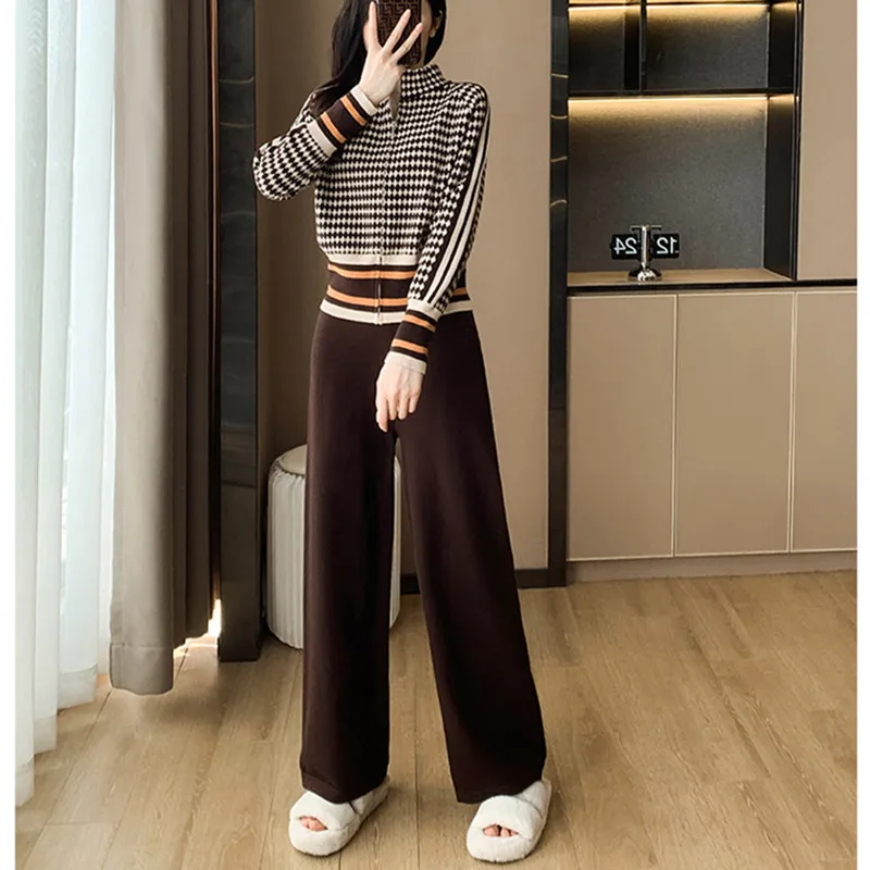 

Женский спортивный костюм из 2 предметов, вязаный пуловер с рисунком «гусиные лапки» и штаны-шаровары с морковкой, Осень-зима