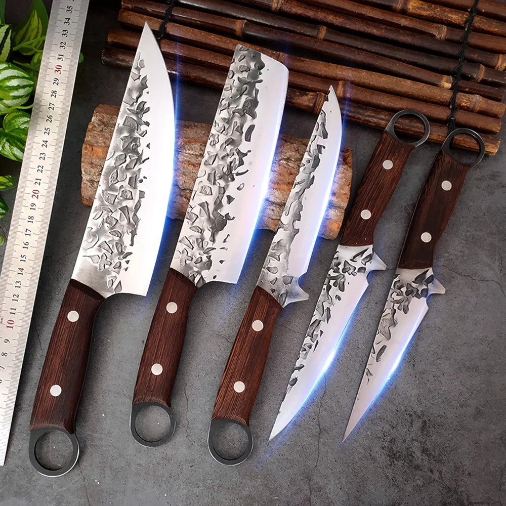 

Forged Stainless Steel Kitchen Boning Butcher Knive With Wooden Handle Finger Hole Cleaver for Meat Fruit Vegetables Chef Knife