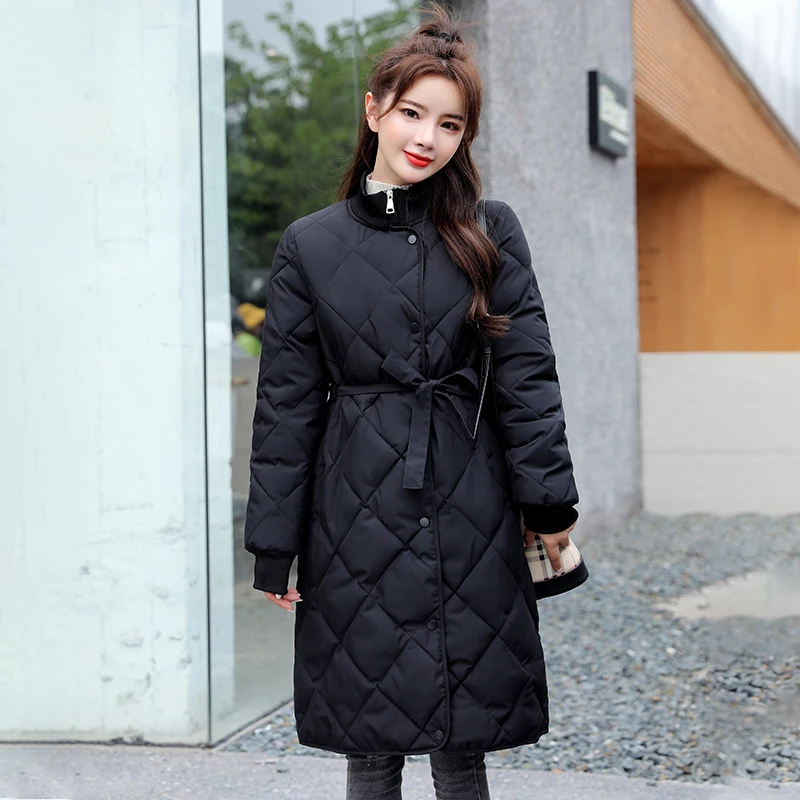 Women's Casual Coats Parkas Thick Cotton Padded Outerwear 2023 Winter Solid Long Jacket Female Stand Collar Overcoat with Sashes