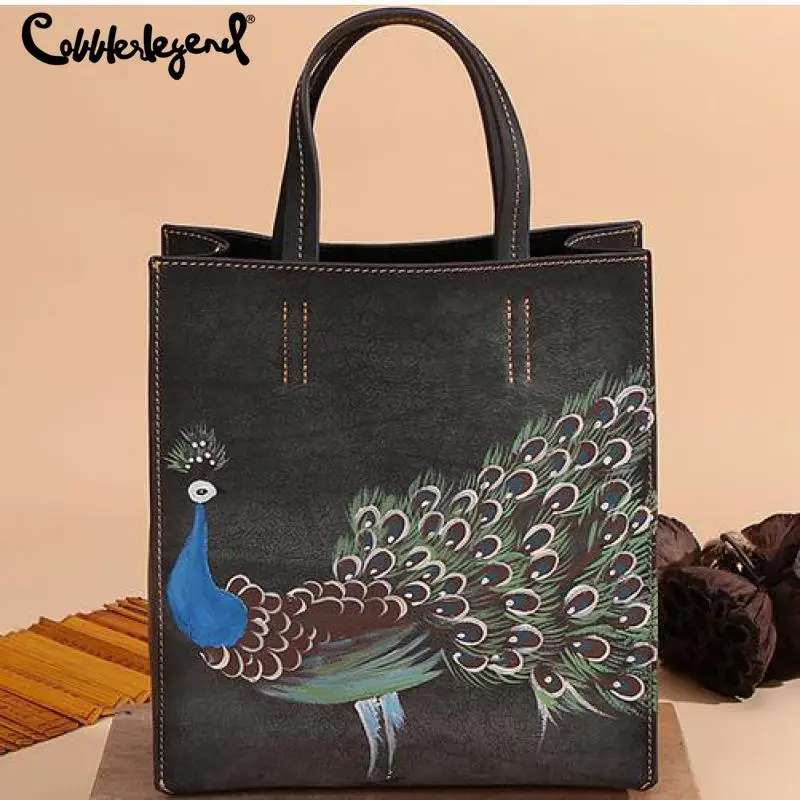 

Женская сумка, новинка, натуральная кожа, Tote, винтажная, с принтом животных, на молнии, твердая, универсальная, ручная роспись, павлин, женски...