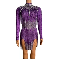 purple shining crystal sparkly rhinestones tassel sexy women sheath dress dance jazz prom stage singer costume nightclub cloth