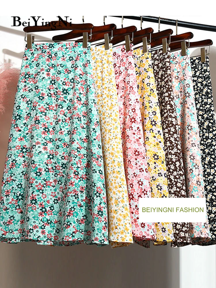 

Beiyingni Summer Skirt Women Korean Fashion Floral Printed Casual Vintage High Waist A-line Midi Skirts Ladies Kawaii Faldas