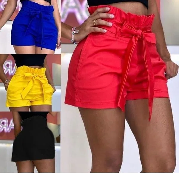 

Wide Leg Women's Shorts Ruffled Lace Up Ladies Casual Shorts Bowtie Solid High Waist Summer Female Clothes