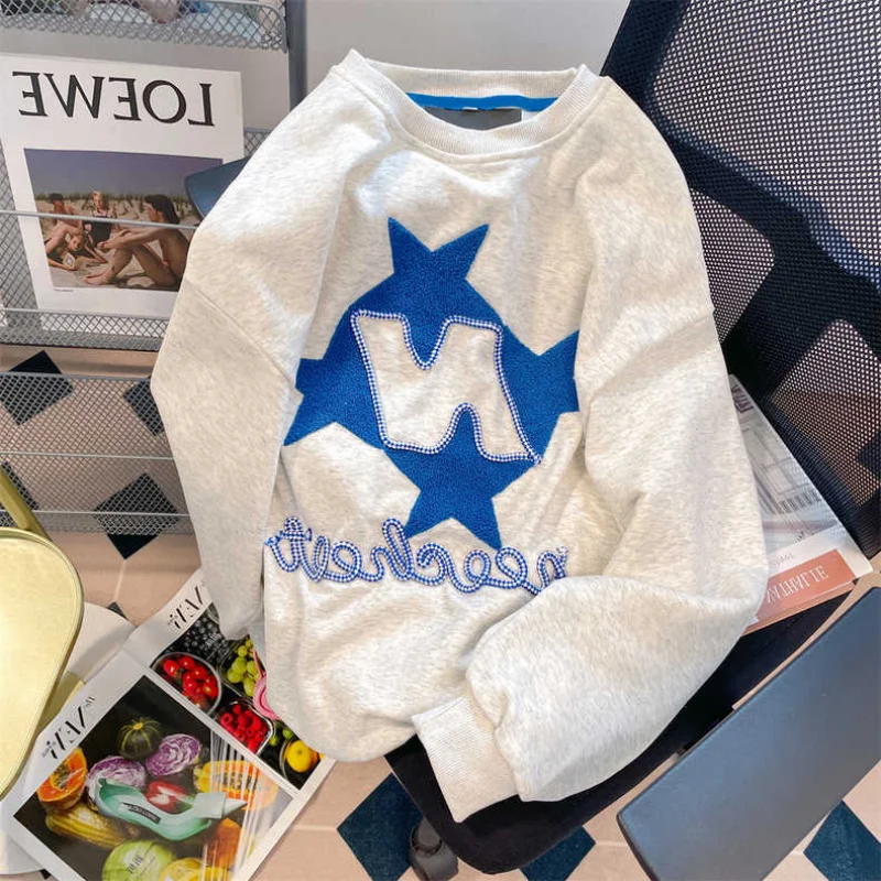 

High Street Retro Little Star Embroidered Hoodie Fall/Winter 2022 Round Neck Loose Long Sleeve Korean Fashion Jacket