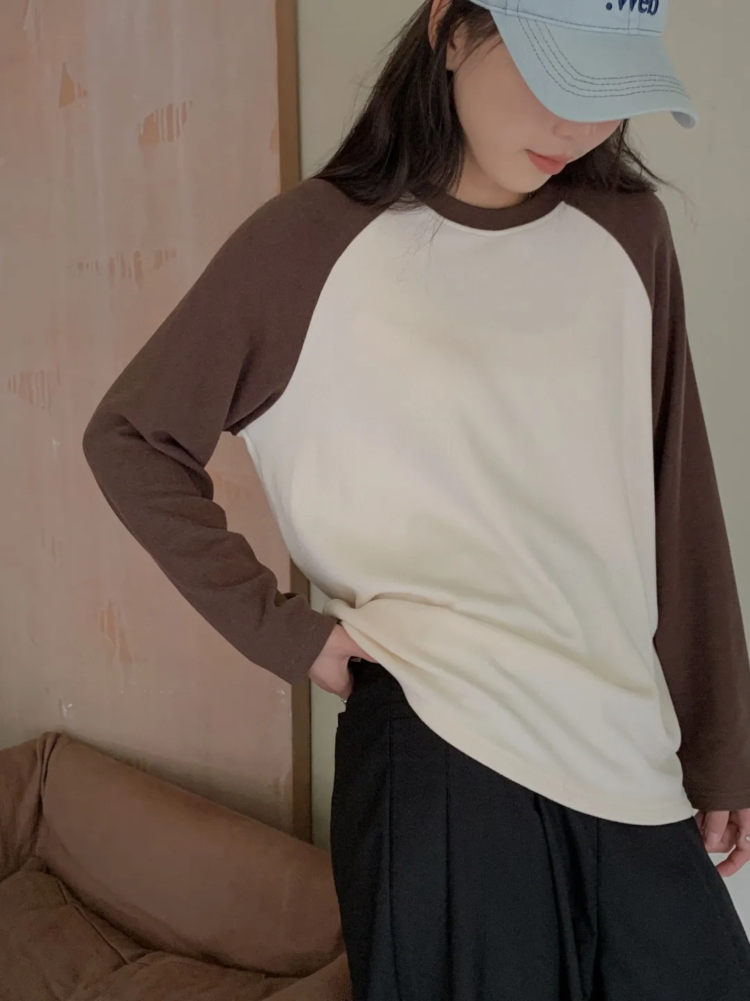 

Осень 2023, футболка контрастных цветов с длинным рукавом, тонкие свободные повседневные топы контрастных цветов с рукавами реглан