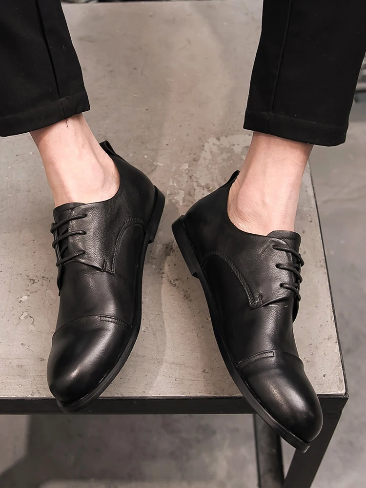 Flat Leather Shoes Men's Genuine Trendy British Three-Joint Lace-up Korean Sle round Toe Breathable Non-Slip Busine...