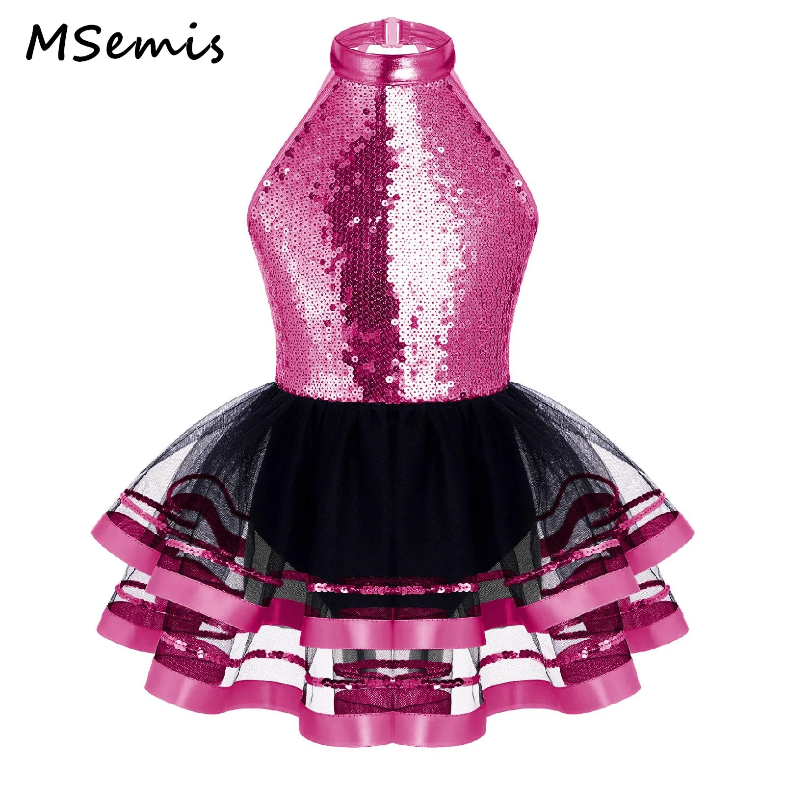 

Sparkling Sequins Decorated Dance Dress Kid Girls Stylish Sleeveless Round Neckline Straps Hollow Back Tutu Mesh Clothing