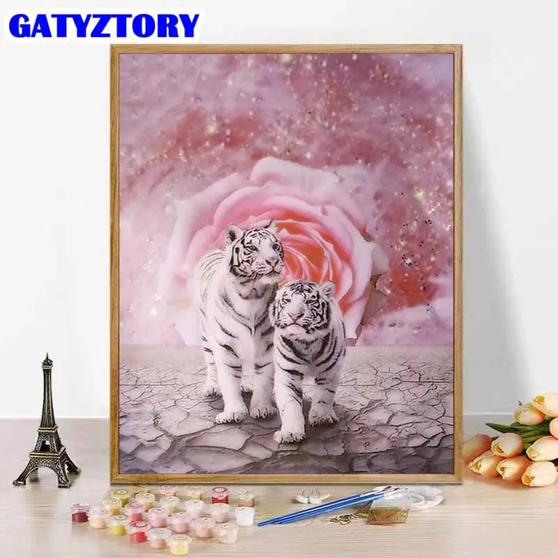 

GATYZTORY Painting By Number White Tiger Kits Handpainted Picture By Number Pink Rose Drawing On Canvas Home Decoration Diy Gift