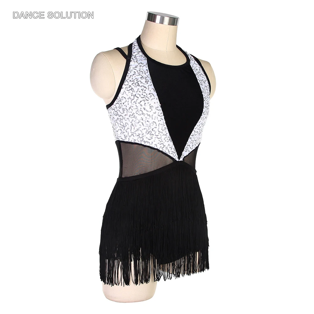 Черный спандекс с белыми блестками лиф Джаз танцевальный костюм кисточкой Skir для