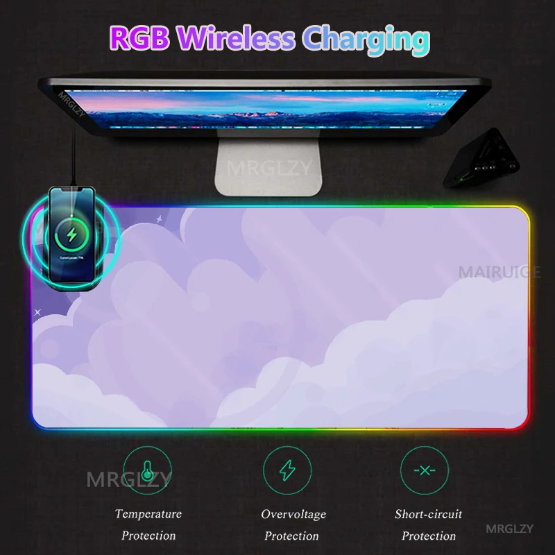 

Purple Clouds RGB LED Typec Gaming Accessories Mouse Pad Cute Wireless Charging MousePad Carpets Charger Mat 400*900mm Desk Mats