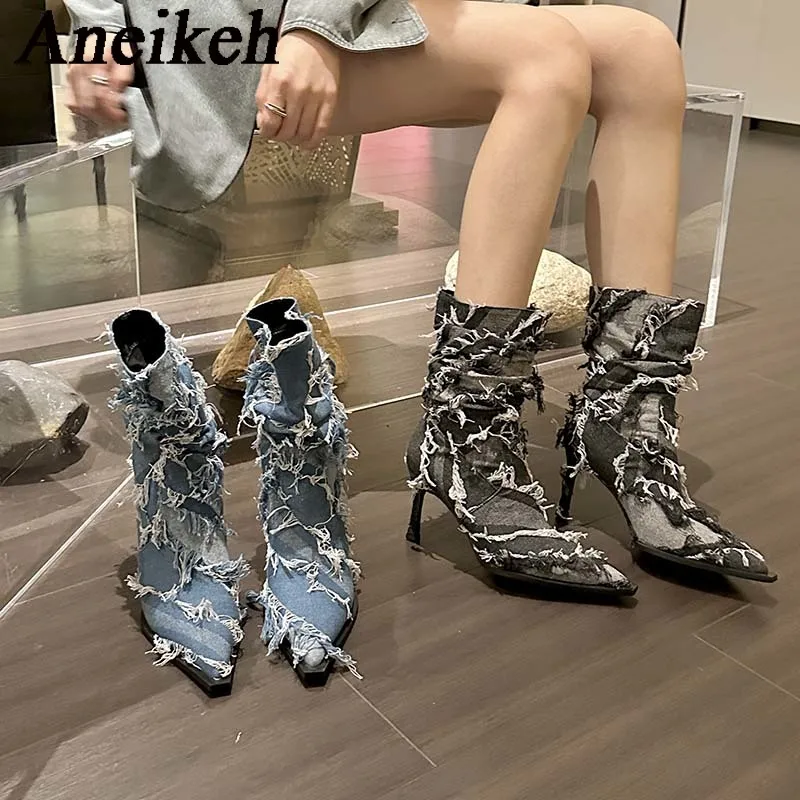 

Aneikeh 2024 модный тренд с острым носком на тонком каблуке Свободные плиссированные сапоги до середины икры женские весенние/осенние джинсовые с кисточками в западном стиле