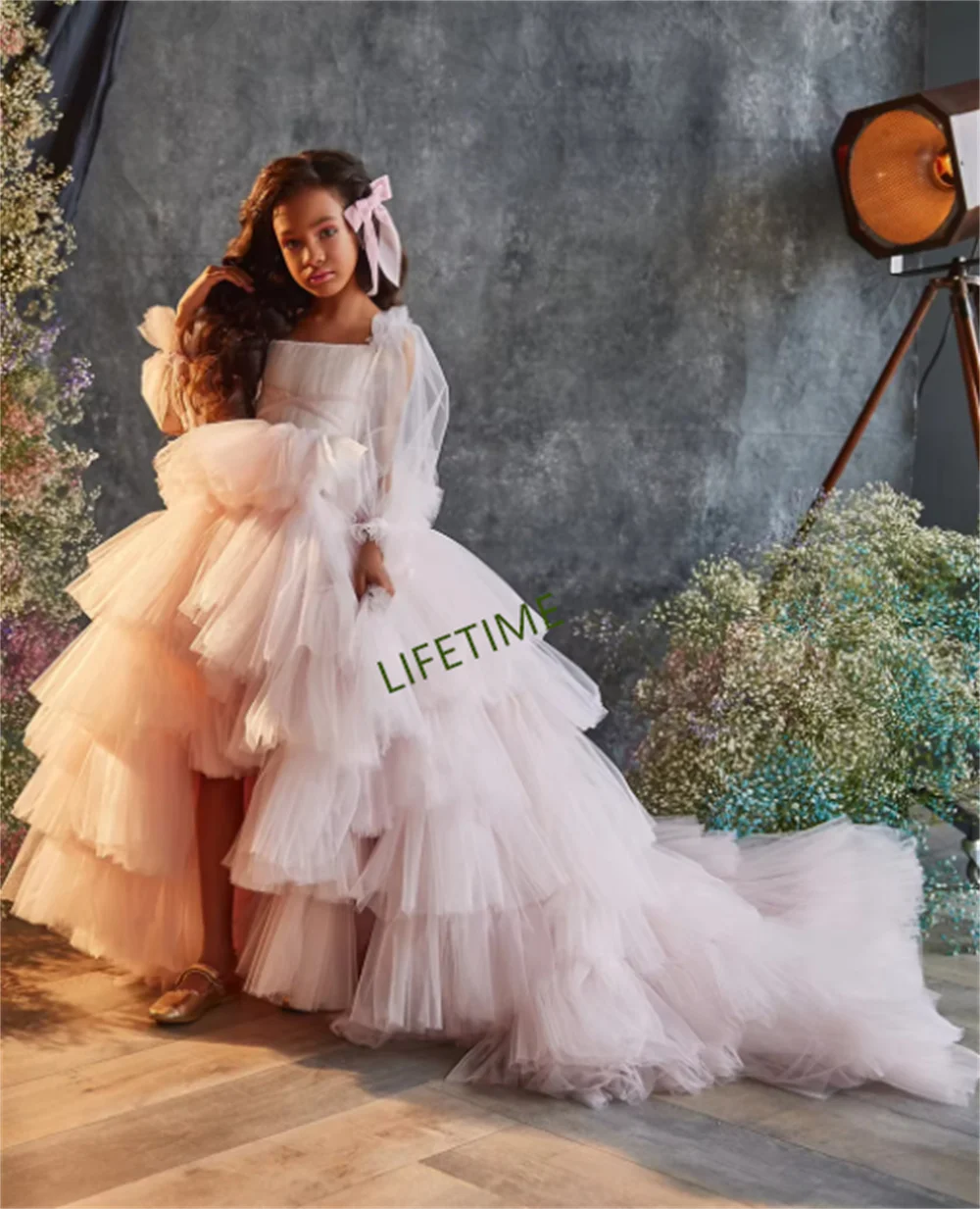 Светло-розовые вечерние платья для девочек с длинными рукавами свадебное платье