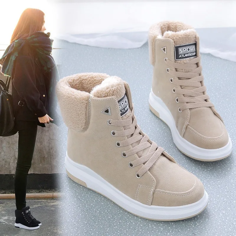 Купи Women Winter Boots Ankle Warm PU Plush Lady Sneakers Flats Lace Up Shoes Female Girl Shoes Outdoor Women Short Snow Boots New за 902 рублей в магазине AliExpress