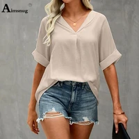 plus size 5xl ladies elegant vintage chiffon blouse short sleeve womens top casual pullovers 2022 summer new shirts clothing
