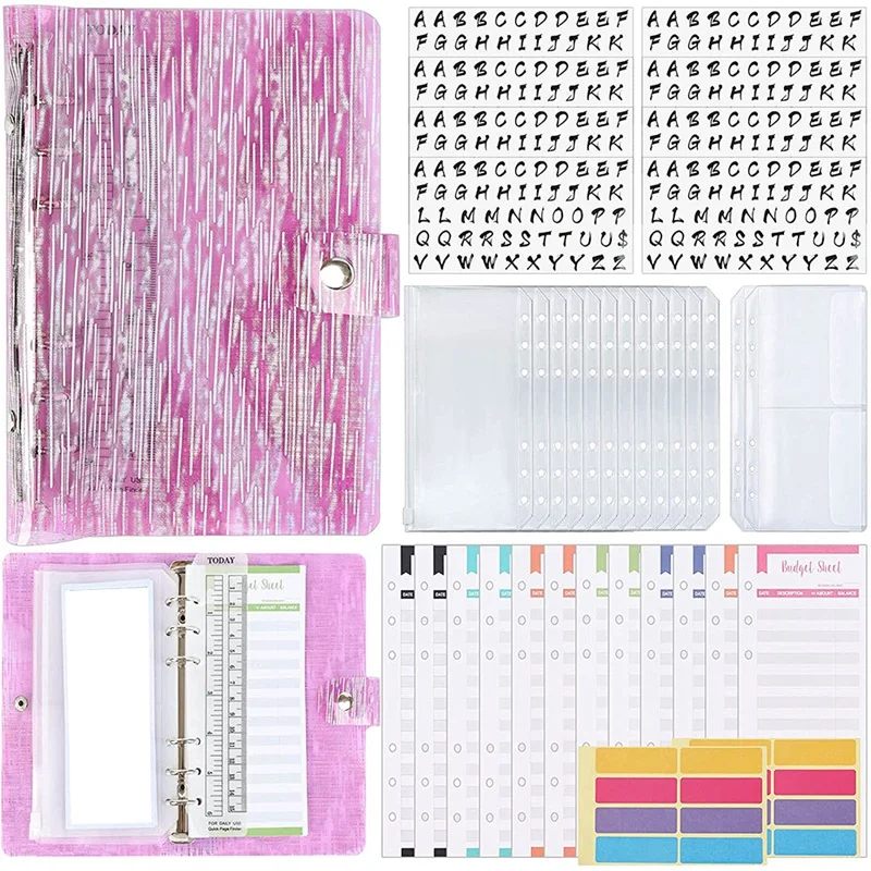 

38Pcs Budget Organizer Binder Cash Envelope System, Alphabet Stickers,Budget Sheets,A6 PVC Bags,For Money Planner