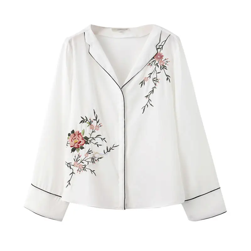 

Shirt Women Long Sleeve Floral Casual Fashion Embroidery Korean Vintage Spring Female Tops New