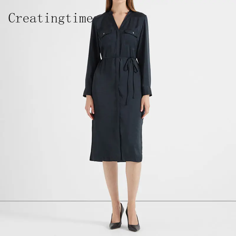 Minimalist Casual Dress Women's 2023 Spring New Stand Collar Hem Split Lace-up Drape Long Sleeve Concealed Button Dresses 1A307