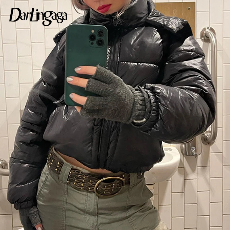 

Darlingaga Streetwear Hooded Turtleneck Winter Jacket Female Pockets Parka Coat Zip-Up Fashion Quilted Puffer Overcoat Outwear