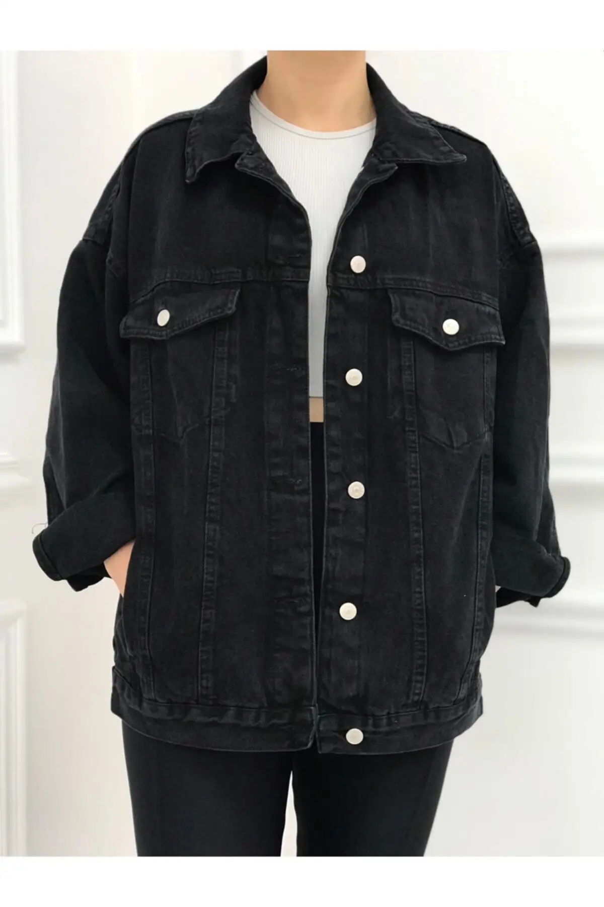 

Женская модная джинсовая куртка, пальто оверсайз, черная джинсовая куртка