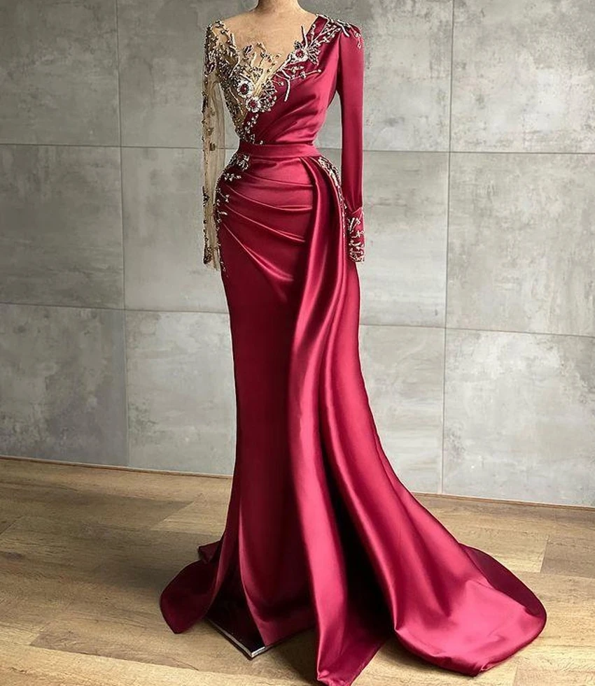 

Роскошные арабские вечерние платья-русалки Aso Ebi бордового цвета, 2023, вышитые бисером кристаллы, прозрачные платья для выпускного вечера и в...