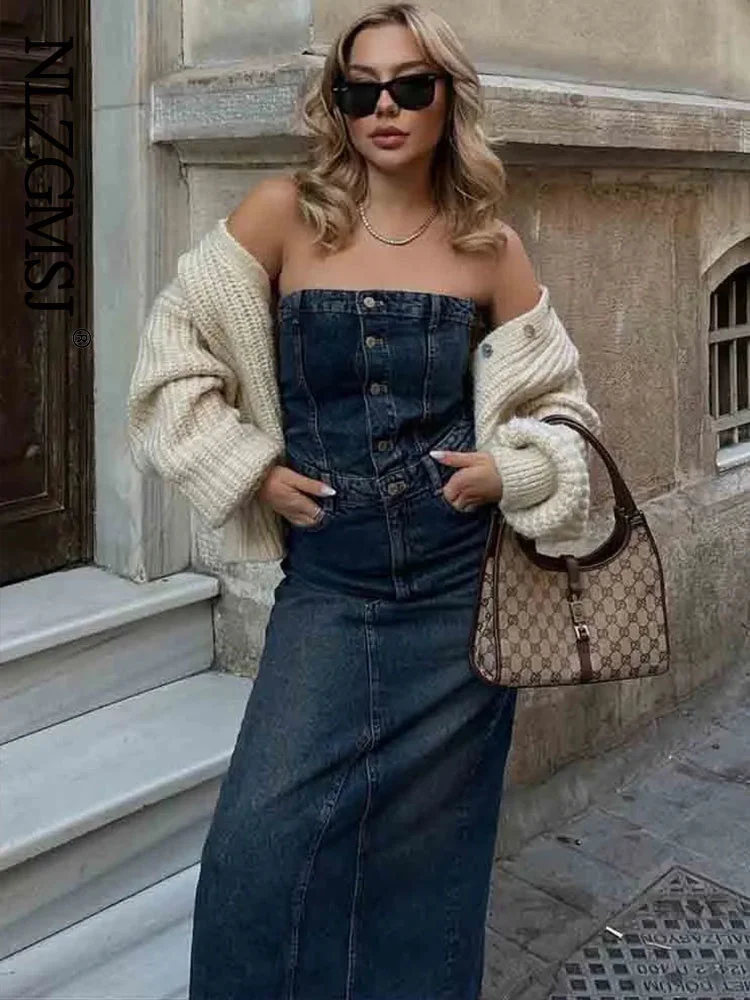

2023 TRAF Front Split Hip Wrap Women Denim Dress Elegant Slim Fit Female Sexy Strapless Dress Buttons Bodycon Midi Dresses