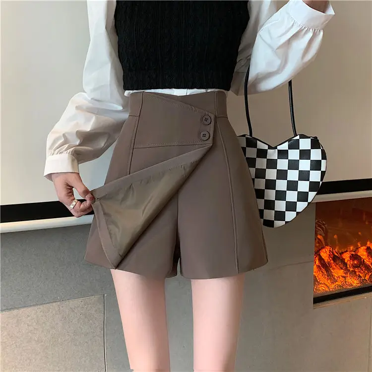 

Women 2022 Autumn Winter New High Waist Wide Leg Shorts Female Solid Color Suit Shorts Skirts Ladies Casual A-line Shorts X87