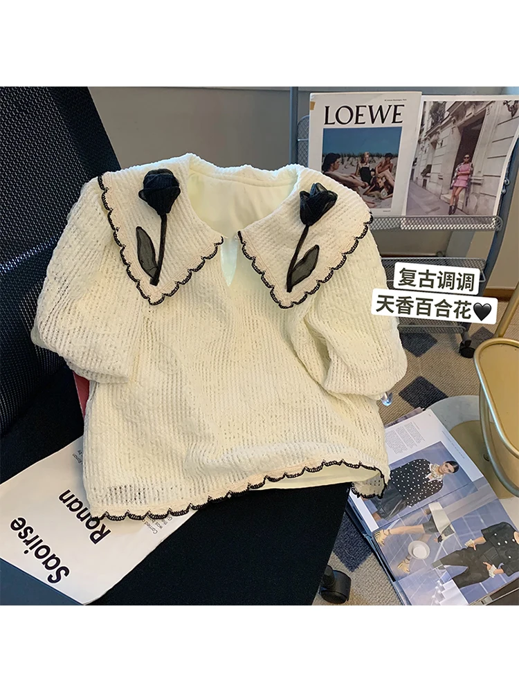 

Женская рубашка с воротником «Питер Пэн», блузка с французским кружевом и стереоскопической цветочной вышивкой, с коротким рукавом, в повседневном стиле, лето