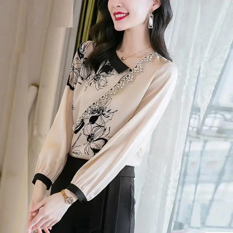 

Heavy silk shirt female 2022 new high-end fashion floral long-sleeved temperament big armpta mulberry v neck blouse silk top