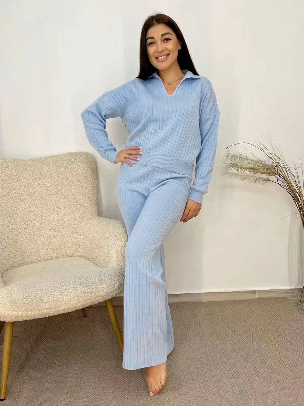 

Wixra Women Suits Solid Knitted Turn Down Collar Pullover Sweater+High Waist Straight Pants Knitwear Female Sets