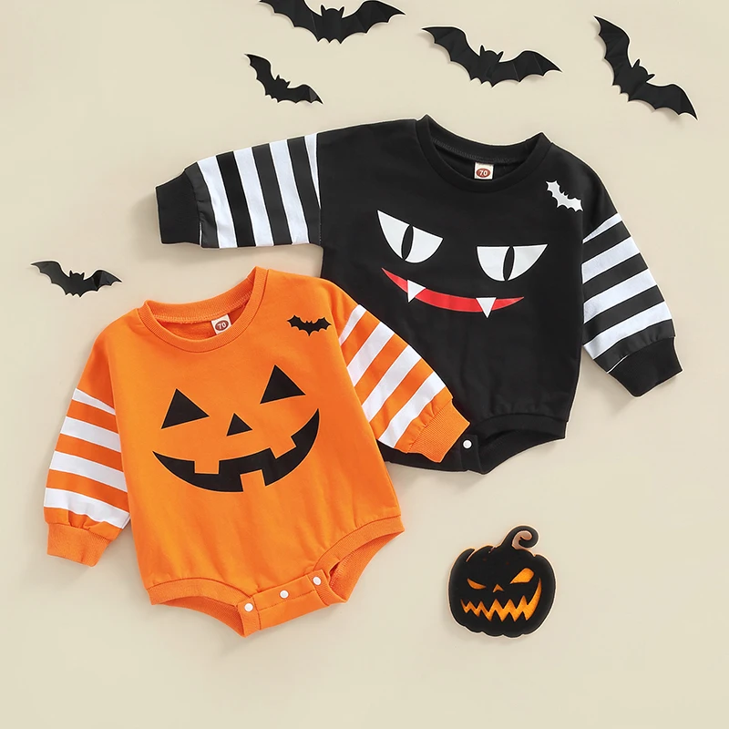 

Halloween Baby Newborn Kids Romper Round Neck Stripe Long Sleeve Ghost Demon Expression Pattern Elastic Cuff Bodysuit Outfits