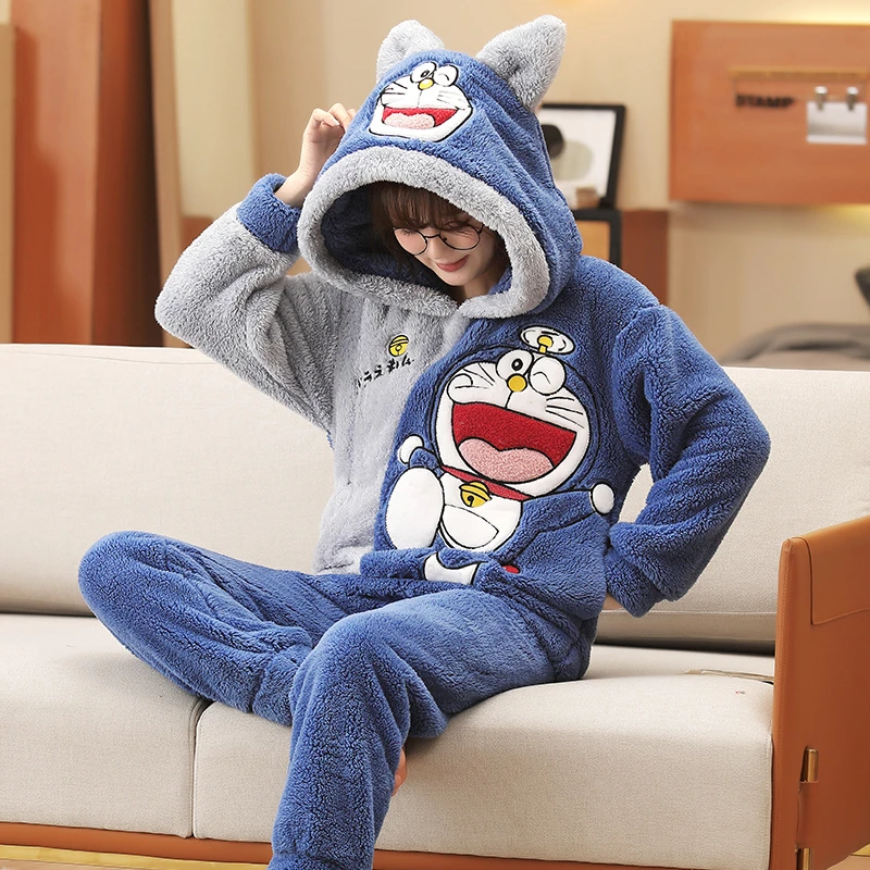 Winter Thicken Couple Pajamas Set Women Men Adult Pajama Anime Doraemon Korean Loose Lovers Homewear Hoodies Pyjamas Sleepwear