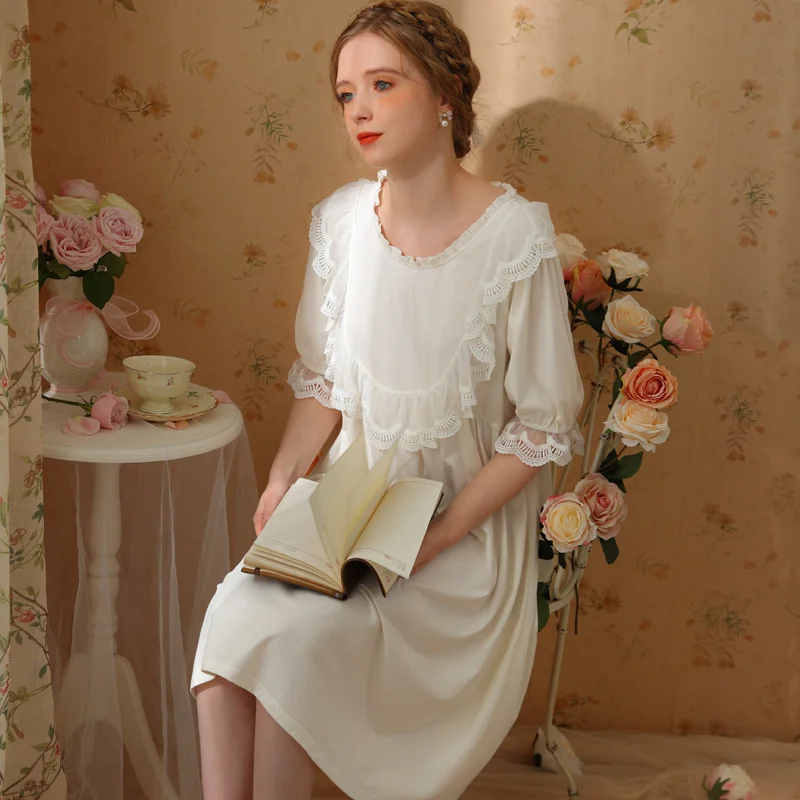 Sweet Nightgown Women Cotton Lace Cute Sleepdress French Court Cute Nightdress Spring Vintage Retro Princess Sleepwear Nightwear