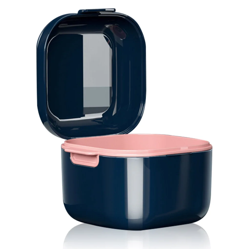 

Teeth Brace Bath Case with Drain Basket False Teeth Box Household Storage Container Adults Seniors Presents Gadgets Blue