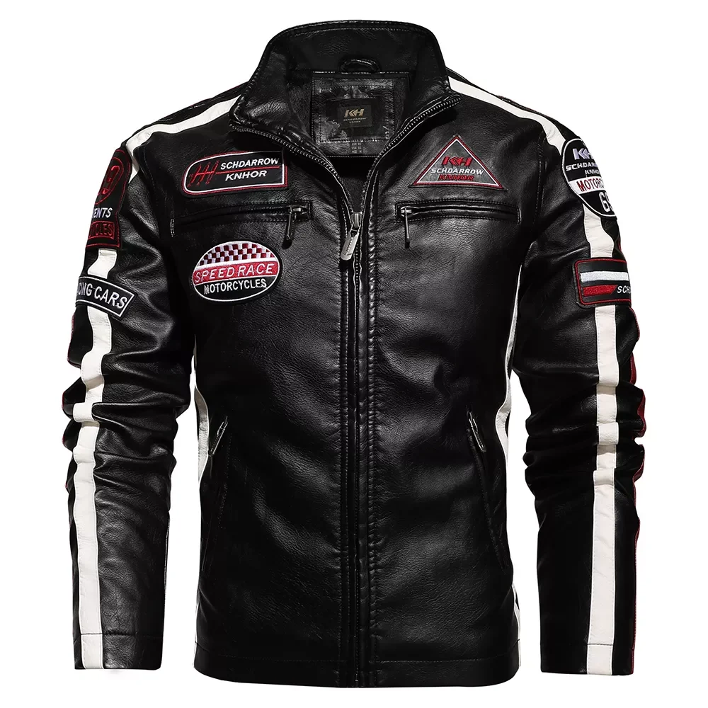 

Vintage Motorcycle 2021 Men Fashion New Biker Leather Male Embroidery Bomber Coat Winter Fleece Pu Overcoat