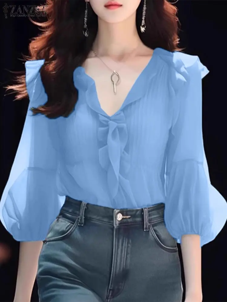 Женская блузка с рукавами-фонариками ZANZEA сетчатая рукавом 3/4 элегантная