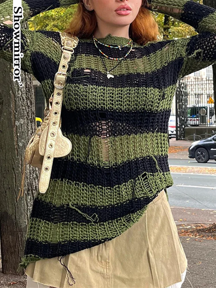 

Showmirror вязаные свитера с вырезами в полоску Женская винтажная эстетика гранж одежда с круглым вырезом с длинным рукавом Элегантный Трикотаж