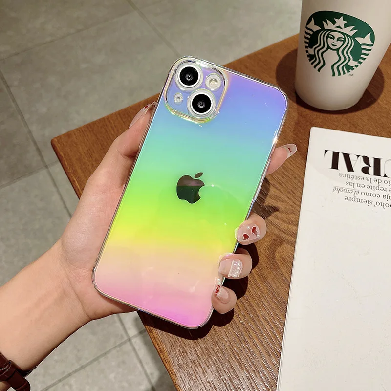 

Fashion Rainbow Laser Phone Case For iPhone 14 13 12 11 Pro Max XS X XR 7 8 Plus Mini SE 2022 Luxury Clear PC Bumper Back Cover